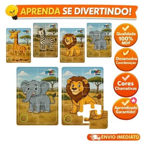 Kit 4 Jogos Quebra Cabeça Animais Safari Infantil em madeira Mdf 6 peças (4 unidades)