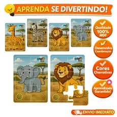 Kit 4 Jogos Quebra Cabeça Animais Safari Infantil em madeira Mdf 6 peças (4 unidades)