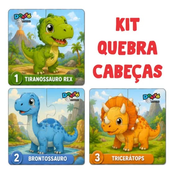 Kit 3 Quebra Cabeça Infantil Educatico Ludico 4 peças Dinossauro Baby