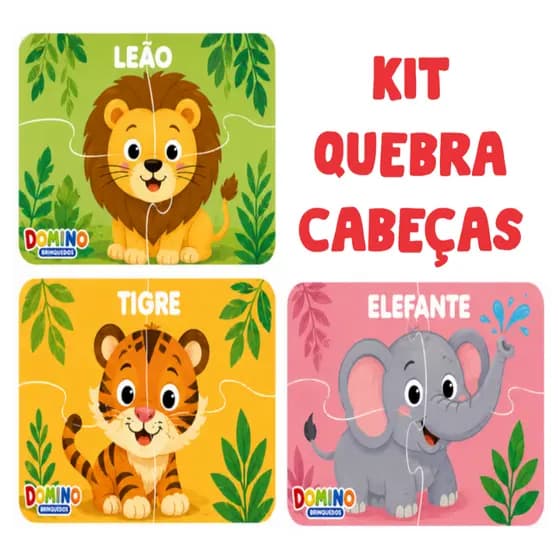 Kit 3 Quebra Cabeça Infantil Educatico Ludico 4 peças Animais Safari