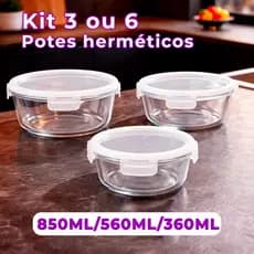 Conjunto 3 ou 6 Potes de Vidro Herméticos Redondo 850ML 560ML 360ML Kit Microondas e Freezer