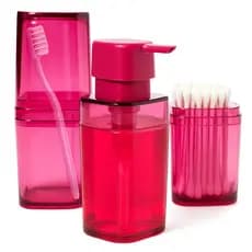 Kit Banheiro 3 Peças Dispenser Sanonete Liquido 300ml Porta Algodão Escova Lavabo