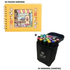 Livro de Colorir Capa Dura com Canetinhas de Ponta Dupla 24 Cores