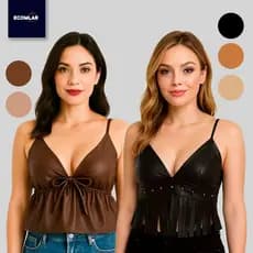 Cropped Feminino Couro Boiadeira Com Bojo, Franja e Amarração Top Alça Fina Decote Estiloso