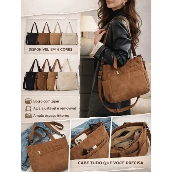 Bolsa Feminina Transversal de Veludo Cotele Tira Colo Grande