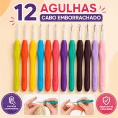 Kit Com 12 Agulhas Croche Cabo Soft Ergonômico Emborrachado Com Tamanho Diferentes