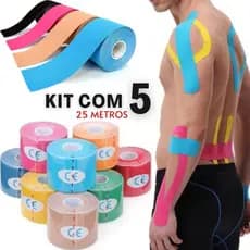 Kit 5 Rolos Kinesio Tape Fita Elástica Bandagem Funcional Esportiva Atleta Fisio Total 25 Metros