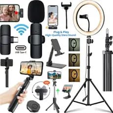 Kit Tripé Ring Light Luz Microfone Sem Fio Tipo-C Bastão Controle Gravação Video No Celular