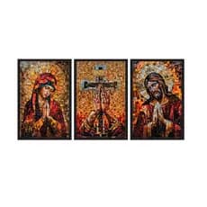 Quadro Decorativo Religioso Maria Jesus Cristo Cruz Inri 3pç