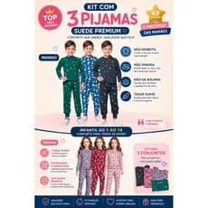 kit 3 pijama infantil  1 a 14 anos tecido comfy manga longa e calça outono inverno
