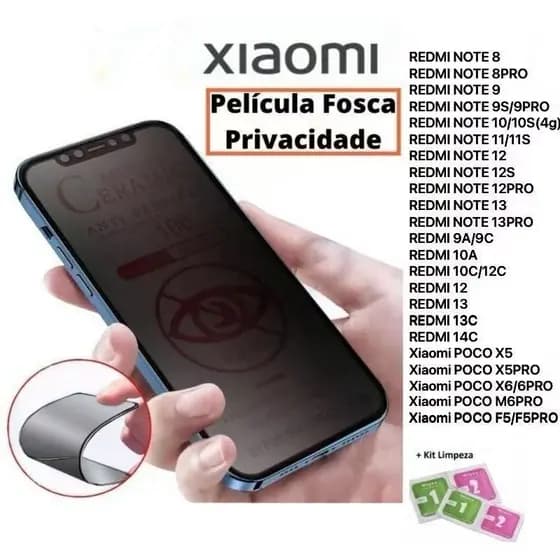 Película Cerâmica Fosca Privacitiva Xaiomi RedMi 14C /13C/12C /12//NOTE14/13PRO/13/12S/11S/11/11PRO/10S/X6/X6PRO