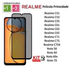 KIT Com 2 Película de vidro 3D Privacidade Anti Spy Para Realme C51 C53 C55 C61 C63 C65 C67 C71 C75 Note 50 60 70 4G 5G