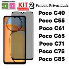 KIT Com 2 Película de vidro 3D Privacidade Anti Spy Para Redmi Poco C85 C75 C71 C61 C65 C55 C40