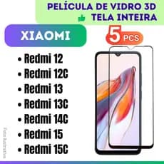 Kit 5 Película de Vidro 3D Para Xiaomi Redmi 12 / 12C / 13 / 13C / 14C / 15 / 15C / Protetor Cobre Tela Inteira.