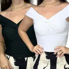 Kit com 2 Blusas Cropped Feminina com Detalhe em Nó Tamanho Único - Branca e Preta
