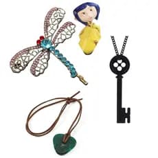 Kit Coraline Chave Botão, Medalhão e Presilha