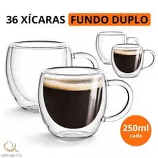 Conjunto 36 Xícaras de Vidro Duplo 250ml Flutuante Transparente para Cafeteria Restaurante Buffet Hotel