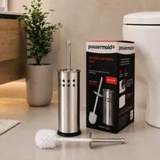 Escova Sanitária Inox + Suporte Powermaid para Banheiro Aço Inoxidável Antiferrugem Higiene Limpeza