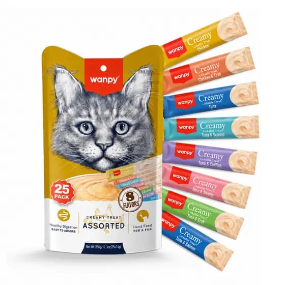 Petisco Cremoso Gatos Pacote com 25 unidades Wanpy Creamy Natural Premium 70g Snack Tubinhos Vitaminas Nutritivo Churu