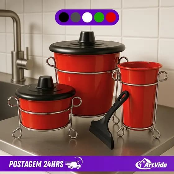 Kit Pia Organizador 7 Peças Suporte Metálico Rodinho Lixeira Porta Sabão Porta Detergente - ArtVida