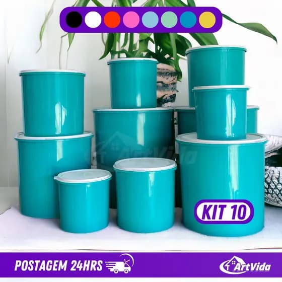 Kit Jogo 10 Mantimentos Potes Tapuer Plástico Plástico Organizador Veda Bem Cores Variadas - ArtVida