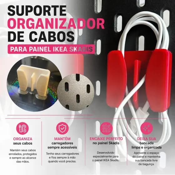 Suporte Organizador de Cabos para Painel  Skadis Porta Fios USB Carregadores Kit