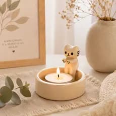 Castiçal Vela de Resina Gatinho Decoração Porta Vela Enfeite Sala Quarto Lavabo Banheiro Presente