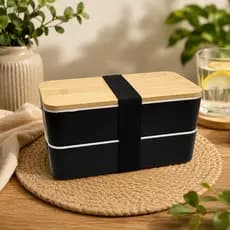 Marmita Porta Alimento 2 Divisória Bento Box Tampa Bambu Elástico Pote Almoço Portátil Talher Garfo Colher Faca