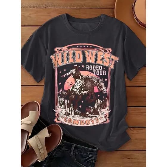 Camiseta De Manga Curta Com Estampa De Letras E Cavalo