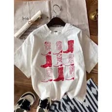 Camiseta feminina Casual Retrô com Bota Impressa em estilo ocidental, Gola Redonda e Manga Curta, adequada para o verão