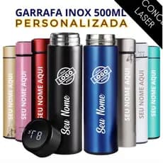 GARRAFA TÉRMICA INOX 500ML PERSONALIZADA A A LASER, COM MEDIDOR DE TEMPERATURA TERMÔMETRO LED