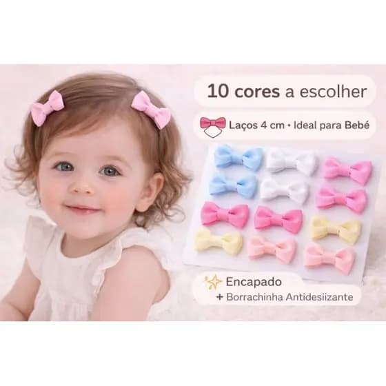 Kit 10 Mini Laços Bebê com Presilha Encapada Bico de Pato ou Fita adesiva Infantil.