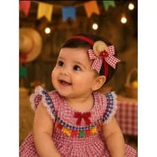 Tiara Festa Junina Bebê Laço 8cm Chapéu de Palha RN a 3 Anos Faixinha Meia de Seda