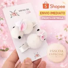 Par de Presilhas Coelhinho Pompom Infantil – Lacinho Páscoa Branco com Orelhinha Rosa.
