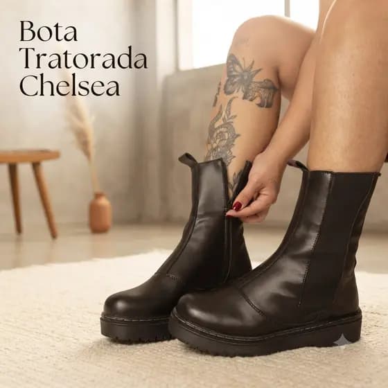 Bota Coturno Chelsea Feminina Cano Alto Plataforma Tratorada.