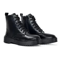 Coturno Casual Preto Feminino Solado Tratorado Cano Médio Zíper Lateral Acabamento Premium