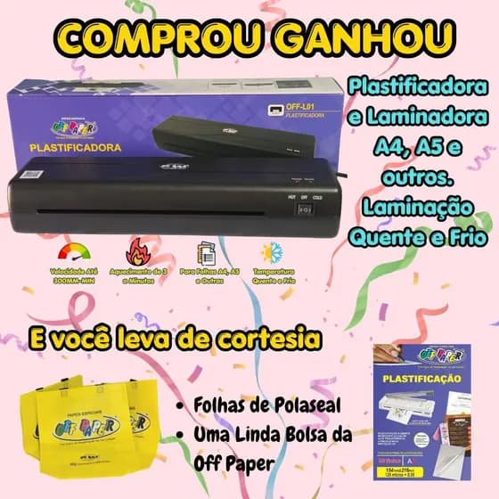 Plastificadora e Laminadora A4 A5 A6 Quente e Frio Off Paper