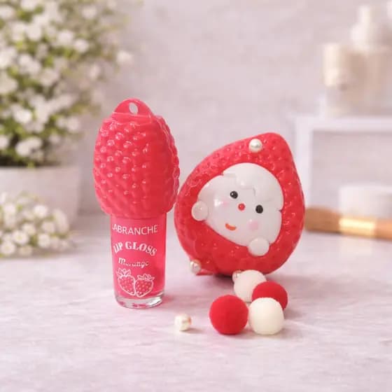 Kit Lip Gloss + Squishy Fofo de Morango | Presente Gloss Infantil Brilho Labial Gloss de Morango