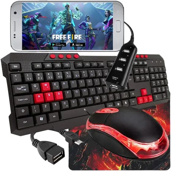 Kit Gamer Mobilador Teclado ABNT2 + Mouse + Pad + Hub - Ideal p/ Celular