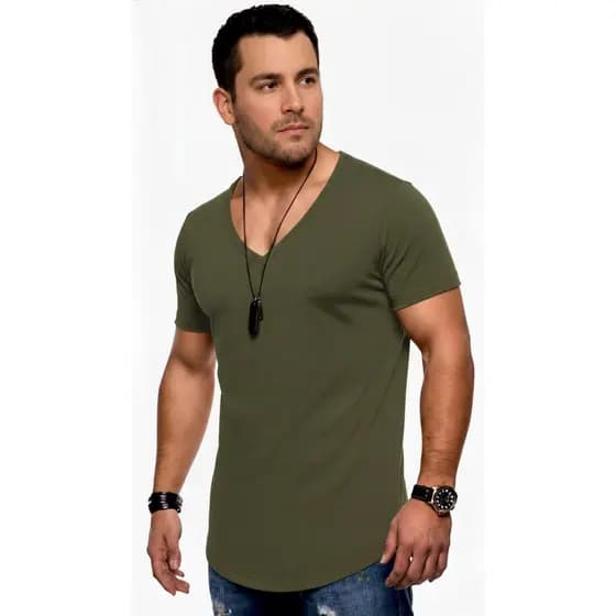 Camiseta Decote V Longline Luxo Slim Fit Barra Arredondada Conforto Casual Várias Cores