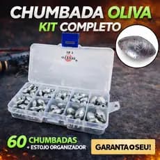 Kit Chumbada Oliva para Pesca 60un com Caixa Organizadora Pesca Fundo Rio Lago Pesqueiro