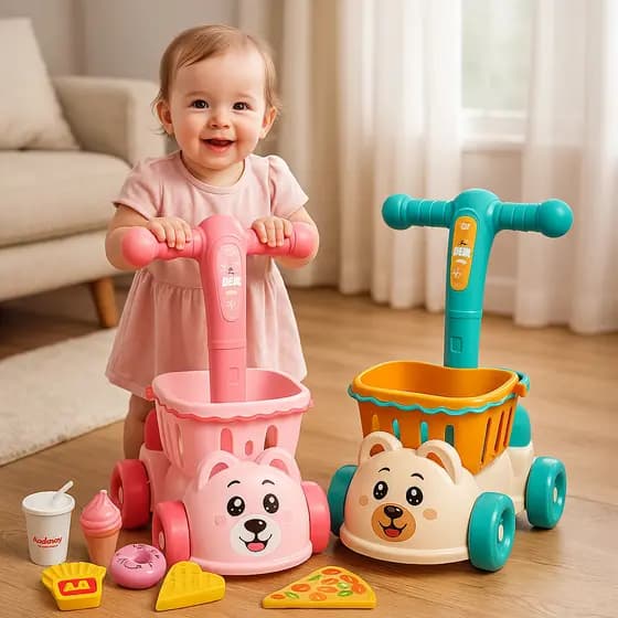 Andador Infantil com Cestinho e Comidinhas 2 em 1 Andador Bebê Educativo Carrinho para andar