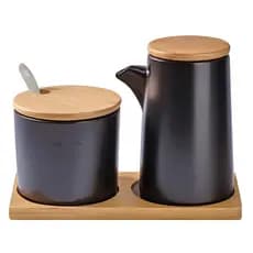 Kit 2 Potes Tempero Cerâmica Preta + Suporte Bambu Lindo