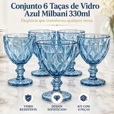 Conjunto 6 Taças de Vidro Azul Milbani 330ml | Mesa Posta Luxo | Taças Diamond Lapidadas | Água | Suco | Drinks | Decora