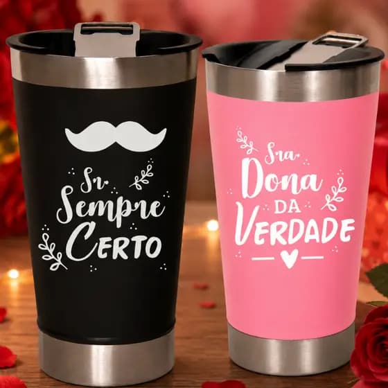 Kit 2 Copos Térmicos Personalizado Com Tampa Abridor Presente Dia Dos Namorados