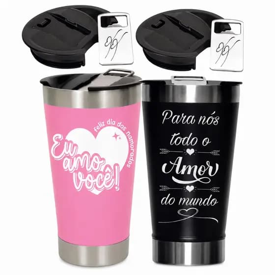 Kit Copos Térmicos Personalizado Inox 473ml Ideal Presente Dia Dos Namorados