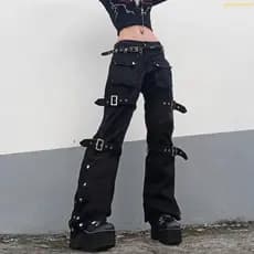gotitonmegot Feminino Punk Preto Multi Bolsos Carga Jeans Fivela Metal Cinto Perna Reta Calças Lado Split L