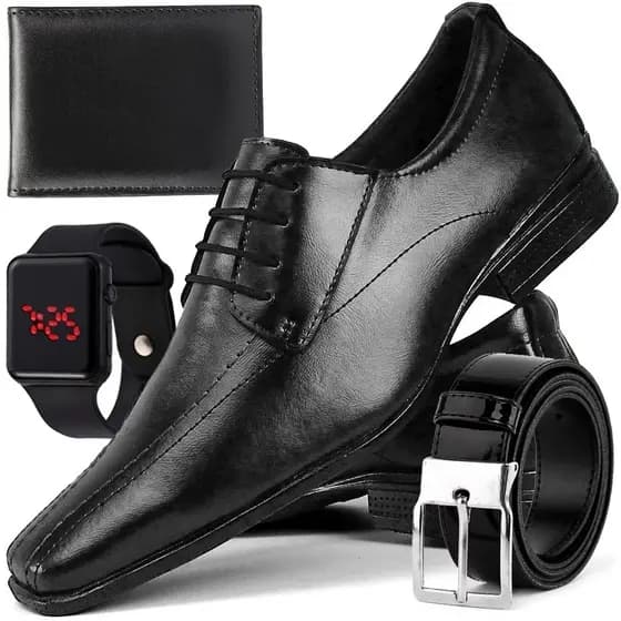 Kit Sapato Social Masculino Bico Fino Casual com Relogio