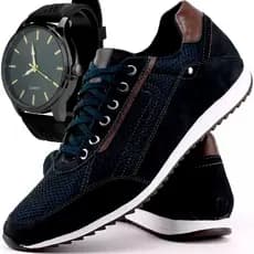 Tenis Masculino Cadarço em Couro Kit com Relógio