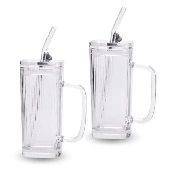 Copo de Vidro Com Canudo Copo de Vidro Com Tampa Vidro Canelado Caneca Plissada